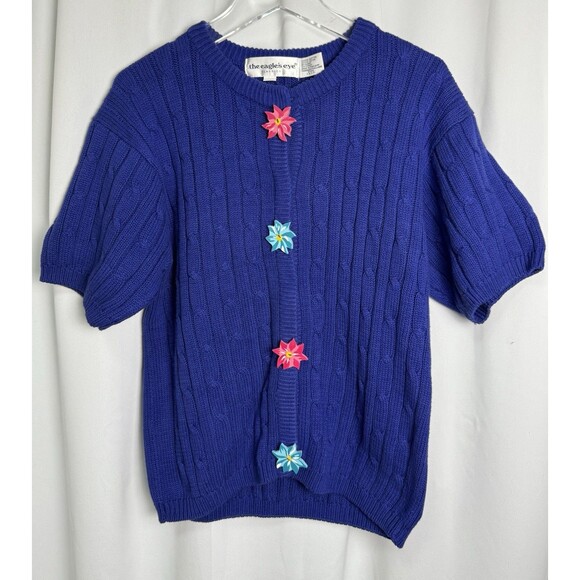 Vintage The Eagle’s Eye Blue Cable Knit Sweater With Painted Wood Buttons Sz Lg - Picture 1 of 3